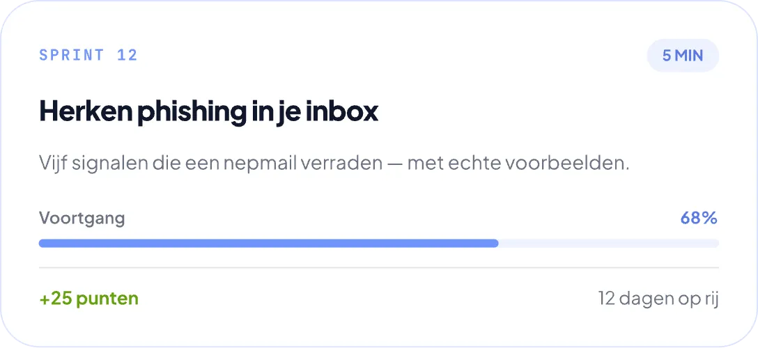De KennisSprint-app op een telefoon, met streak, punten en de training van de week